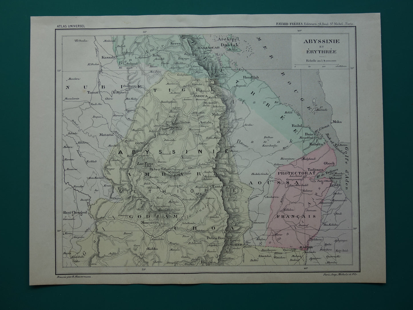 Oude kaart van Eritrea Djibouti Ethiopië 1896 originele antieke print Harar Massaouah Franse kolonie Kobbo Zeila vintage kaarten