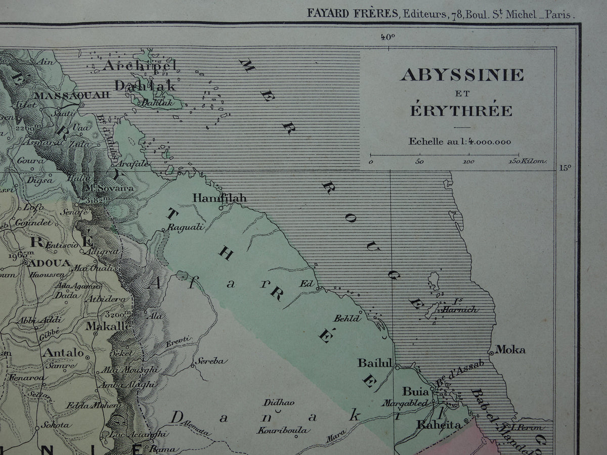 Oude kaart van Eritrea Djibouti Ethiopië 1896 originele antieke print Harar Massaouah Franse kolonie Kobbo Zeila vintage kaarten