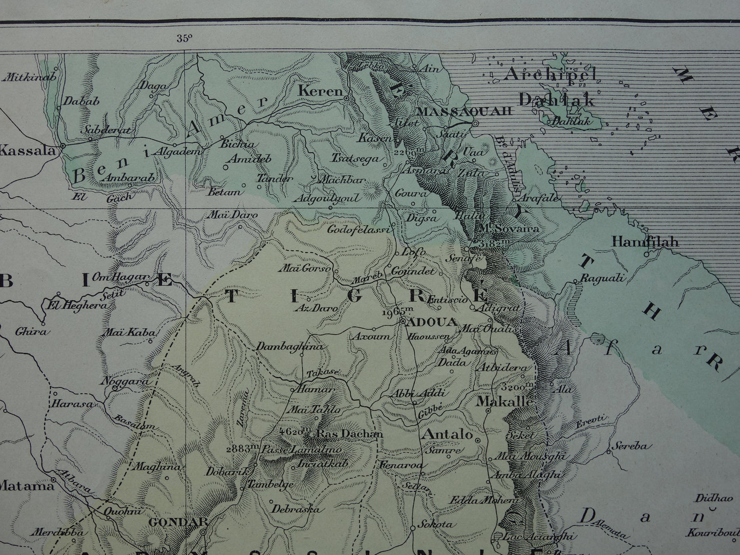 Oude kaart van Eritrea Djibouti Ethiopië 1896 originele antieke print Harar Massaouah Franse kolonie Kobbo Zeila vintage kaarten