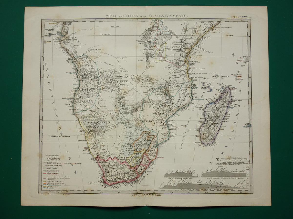 Antieke landkaart van Afrika in 1868Grote originele 165+ jaar oude kaart van Zuid-Afrika Madagaskar Angola Namibië Botswana Tanzania Congo Mozambique Zambia Route Livingstone Andersson