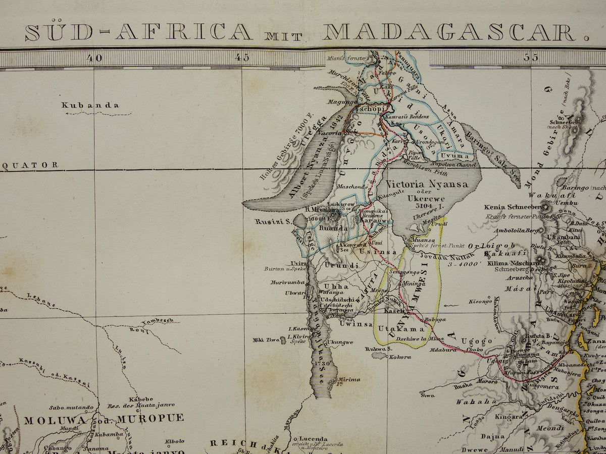 Antieke landkaart van Afrika in 1868 Grote originele 165+ jaar oude kaart van Zuid-Afrika Madagaskar Angola Namibië Botswana Tanzania Congo Mozambique Zambia Route Livingstone Andersson