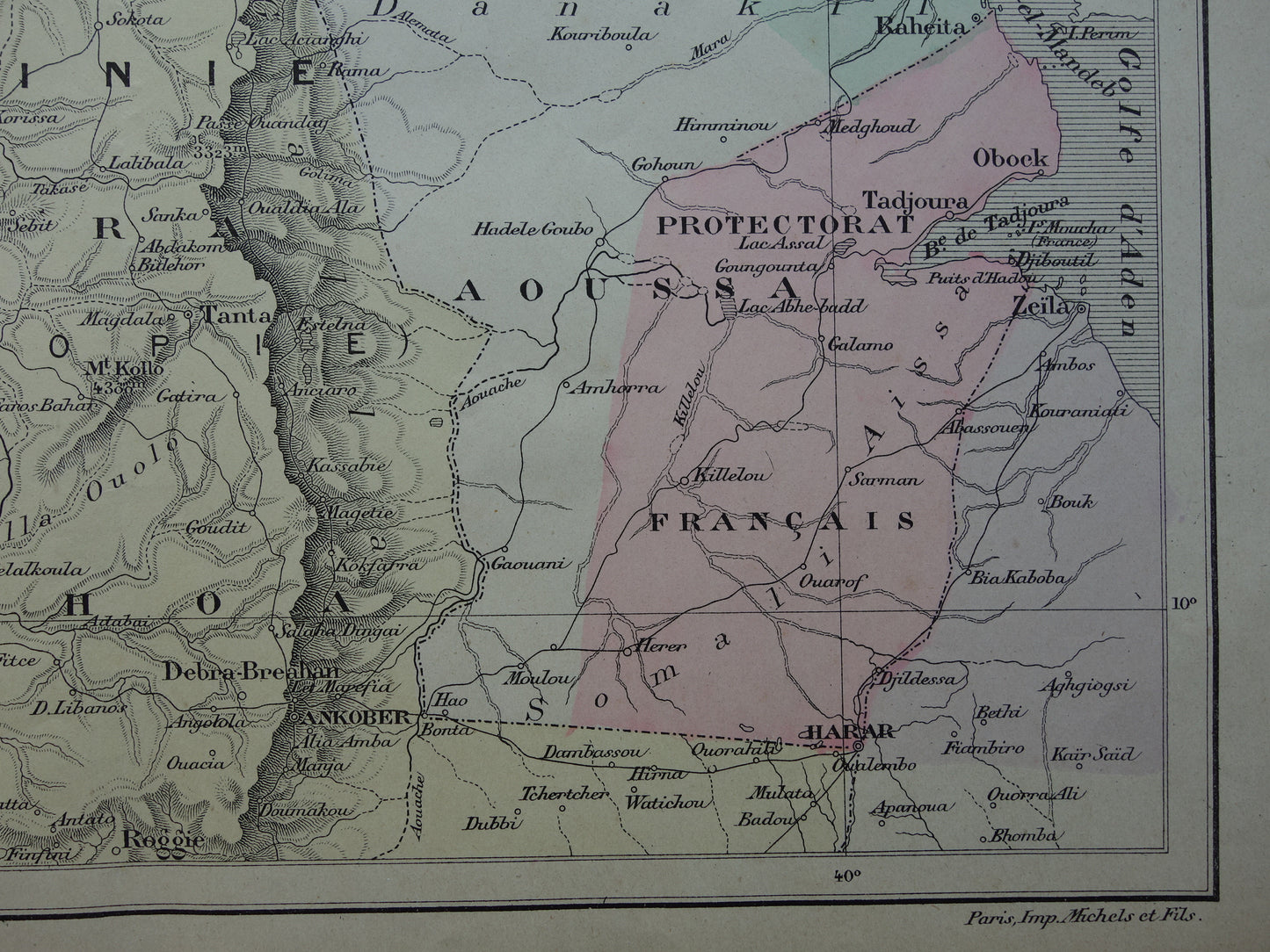 Oude kaart van Eritrea Djibouti Ethiopië 1896 originele antieke print Harar Massaouah Franse kolonie Kobbo Zeila vintage kaarten