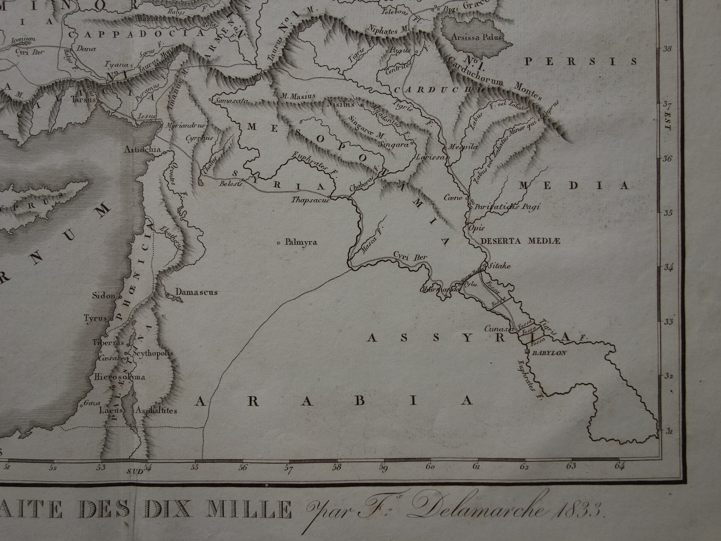 Antieke kaart uit 1833 over Cyrus de jongere oude landkaart van de Perzische prins en Xenophon de Tocht van de tienduizend vintage geschiedeniskaart