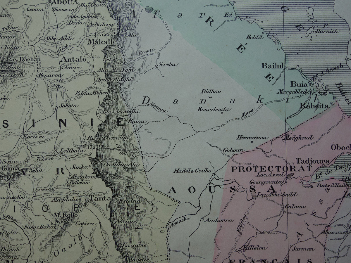 Oude kaart van Eritrea Djibouti Ethiopië 1896 originele antieke print Harar Massaouah Franse kolonie Kobbo Zeila vintage kaarten