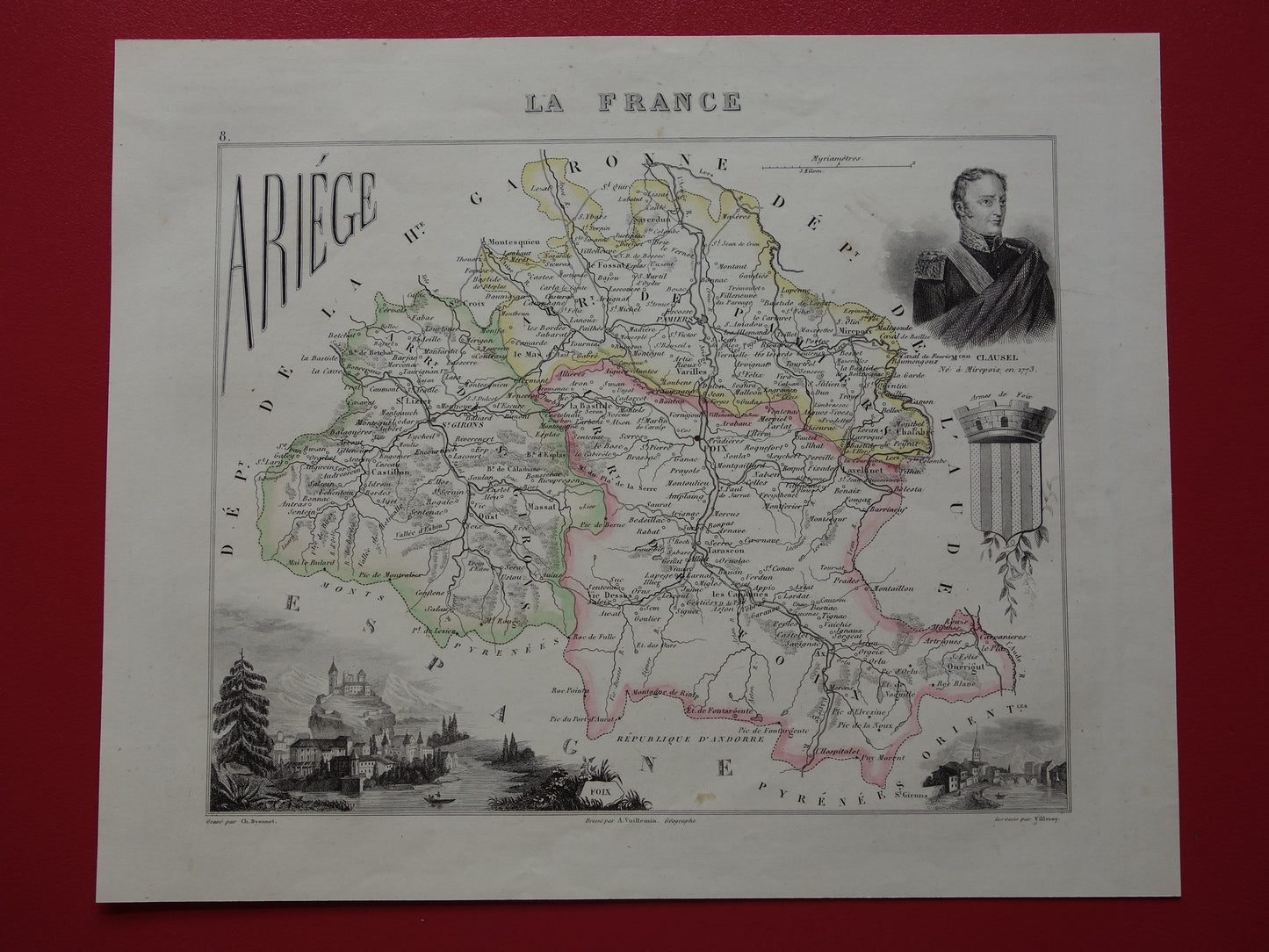 ARIEGE Frankrijk oude kaart uit 1856 originele antieke handgekleurde landkaart departement Ariége Foix