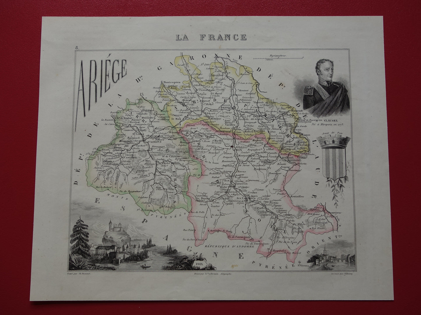 ARIEGE Frankrijk oude kaart uit 1856 originele antieke handgekleurde landkaart departement Ariége Foix