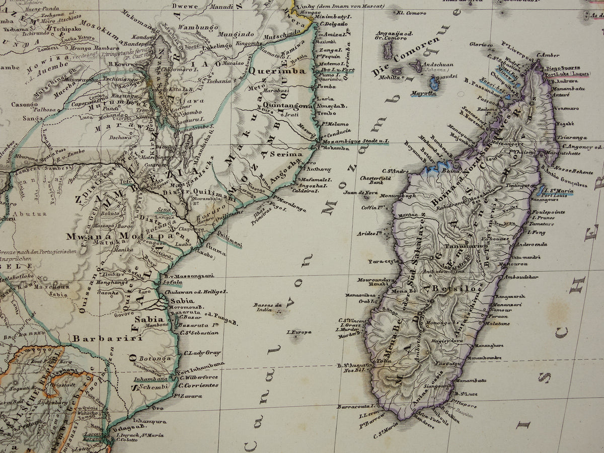 Antieke landkaart van Afrika in 1868 Grote originele 165+ jaar oude kaart van Zuid-Afrika Madagaskar Angola Namibië Botswana Tanzania Congo Mozambique Zambia Route Livingstone Andersson