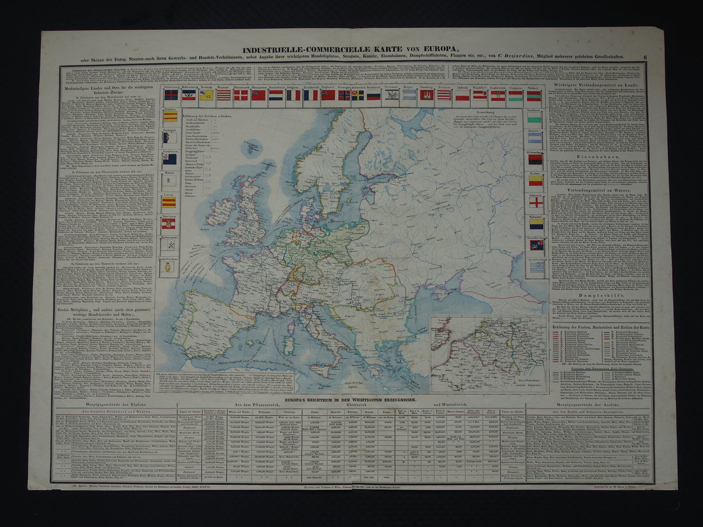 EUROPA grote oude economische kaart van Europa uit 1840 originele antieke landkaart Europees continent economie handel vintage kaarten
