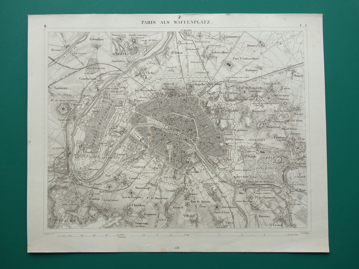 Oude kaart van Parijs 175+ jaar oude antieke landkaart van Parijs met forten uit 1849 originele vintage kaarten
