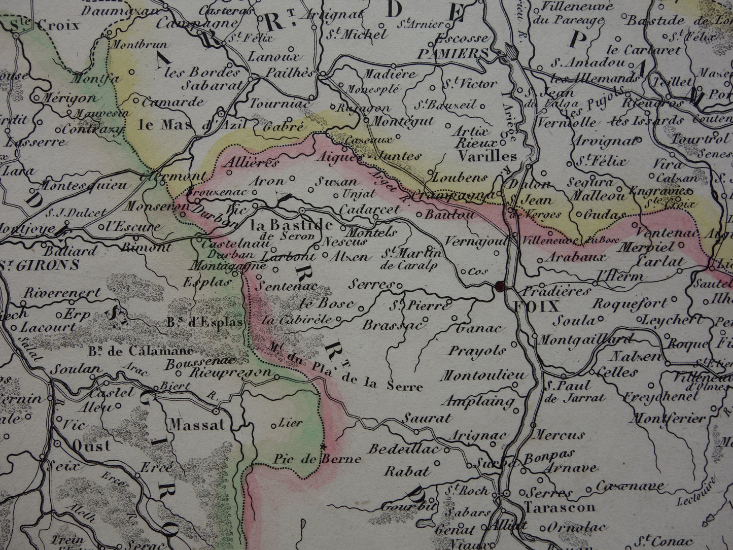 ARIEGE Frankrijk oude kaart uit 1856 originele antieke handgekleurde landkaart departement Ariége Foix