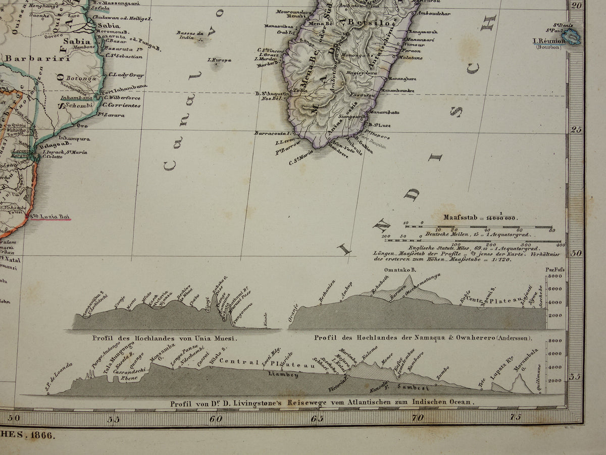 Antieke landkaart van Afrika in 1868 Grote originele 165+ jaar oude kaart van Zuid-Afrika Madagaskar Angola Namibië Botswana Tanzania Congo Mozambique Zambia Route Livingstone Andersson