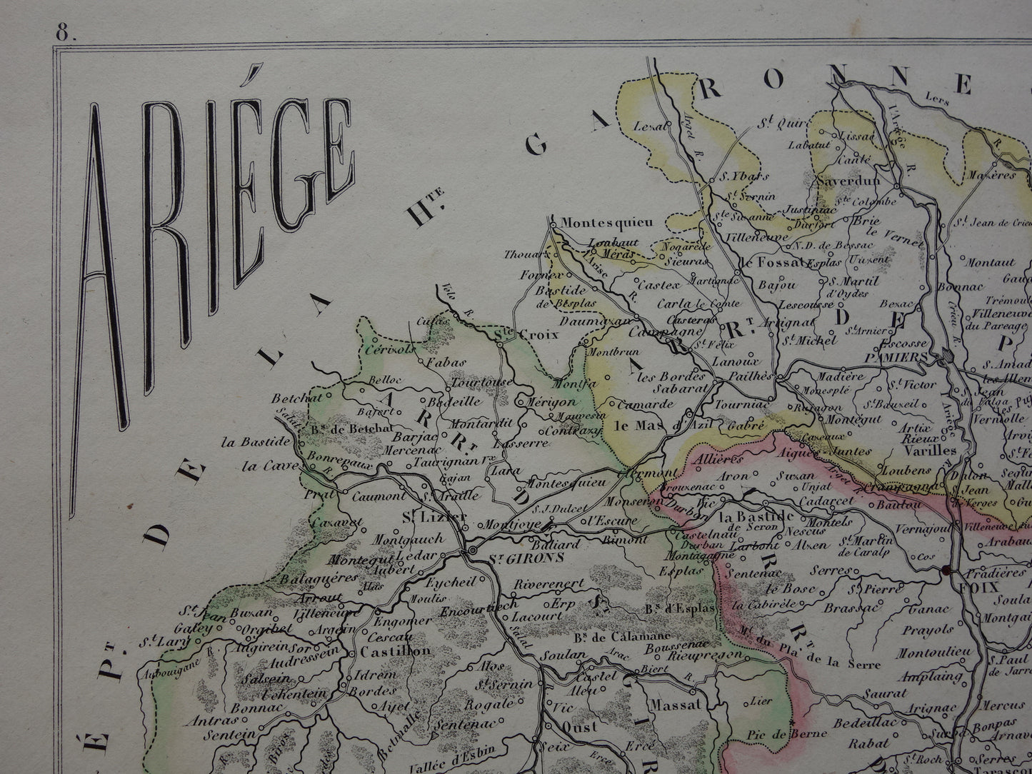 ARIEGE Frankrijk oude kaart uit 1856 originele antieke handgekleurde landkaart departement Ariége Foix
