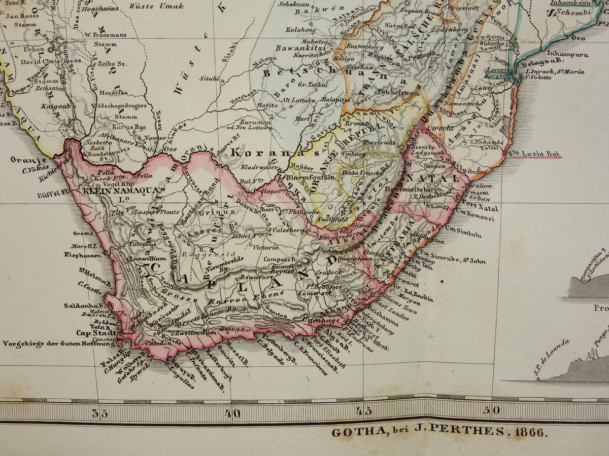 Antieke landkaart van Afrika in 1868 Grote originele 165+ jaar oude kaart van Zuid-Afrika Madagaskar Angola Namibië Botswana Tanzania Congo Mozambique Zambia Route Livingstone Andersson