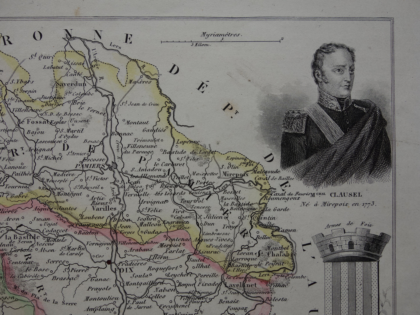 ARIEGE Frankrijk oude kaart uit 1856 originele antieke handgekleurde landkaart departement Ariége Foix