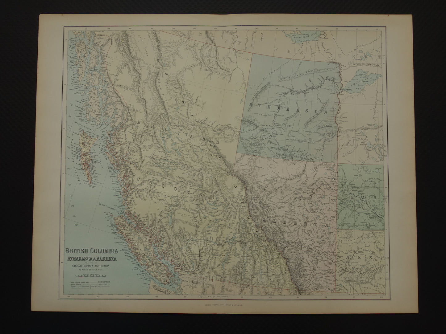 CANADA Grote oude kaart van British Columbia Athabasca Alberta 1890 antieke Engelse landkaart poster