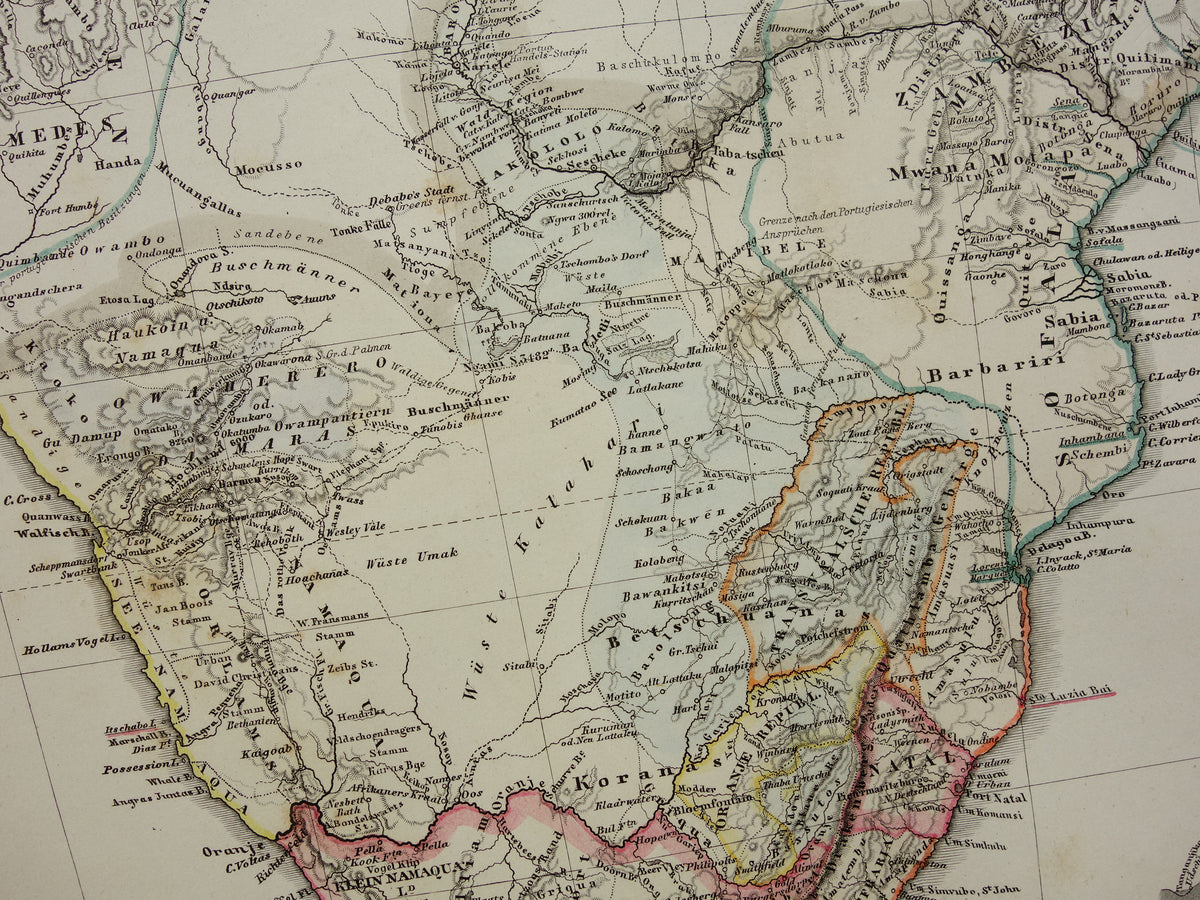 Antieke landkaart van Afrika in 1868 Grote originele 165+ jaar oude kaart van Zuid-Afrika Madagaskar Angola Namibië Botswana Tanzania Congo Mozambique Zambia Route Livingstone Andersson