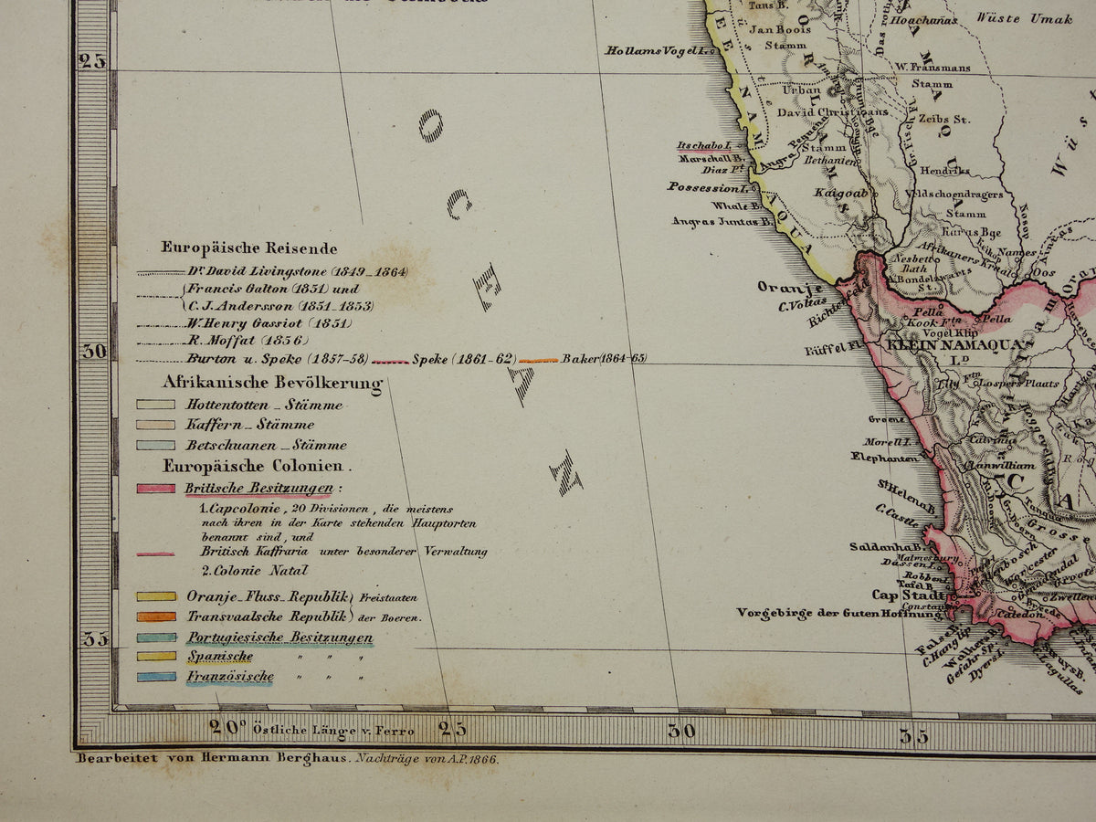 Antieke landkaart van Afrika in 1868 Grote originele 165+ jaar oude kaart van Zuid-Afrika Madagaskar Angola Namibië Botswana Tanzania Congo Mozambique Zambia Route Livingstone Andersson