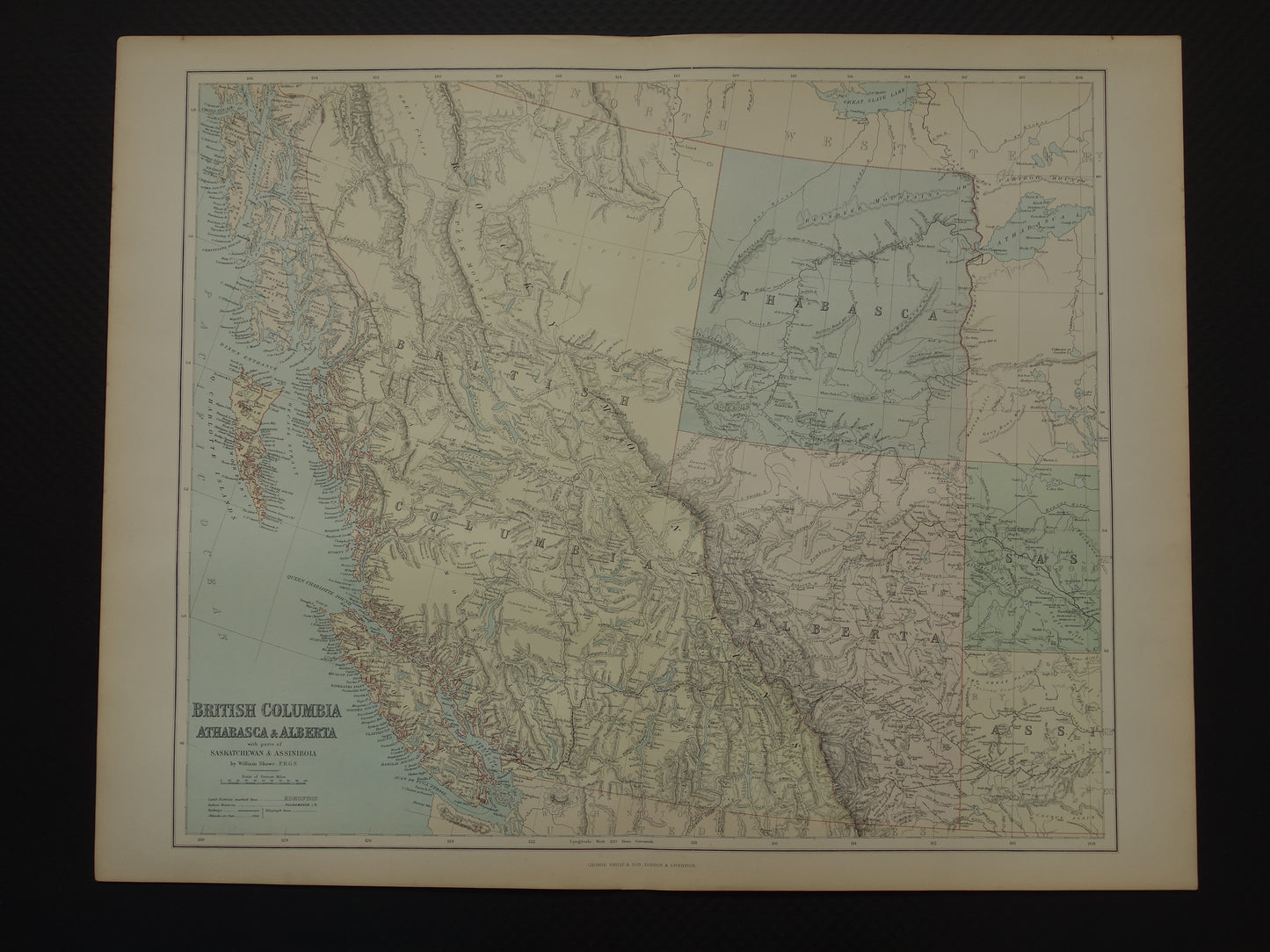 CANADA Grote oude kaart van British Columbia Athabasca Alberta 1890 antieke Engelse landkaart poster