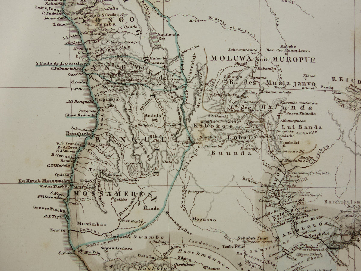 Antieke landkaart van Afrika in 1868 Grote originele 165+ jaar oude kaart van Zuid-Afrika Madagaskar Angola Namibië Botswana Tanzania Congo Mozambique Zambia Route Livingstone Andersson