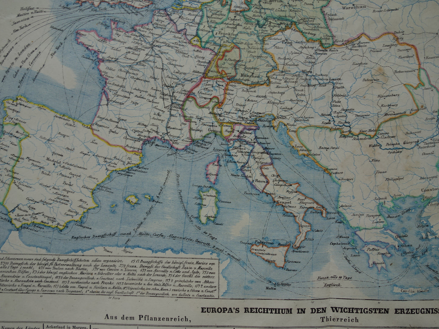 EUROPA grote oude economische kaart van Europa uit 1840 originele antieke landkaart Europees continent economie handel vintage kaarten