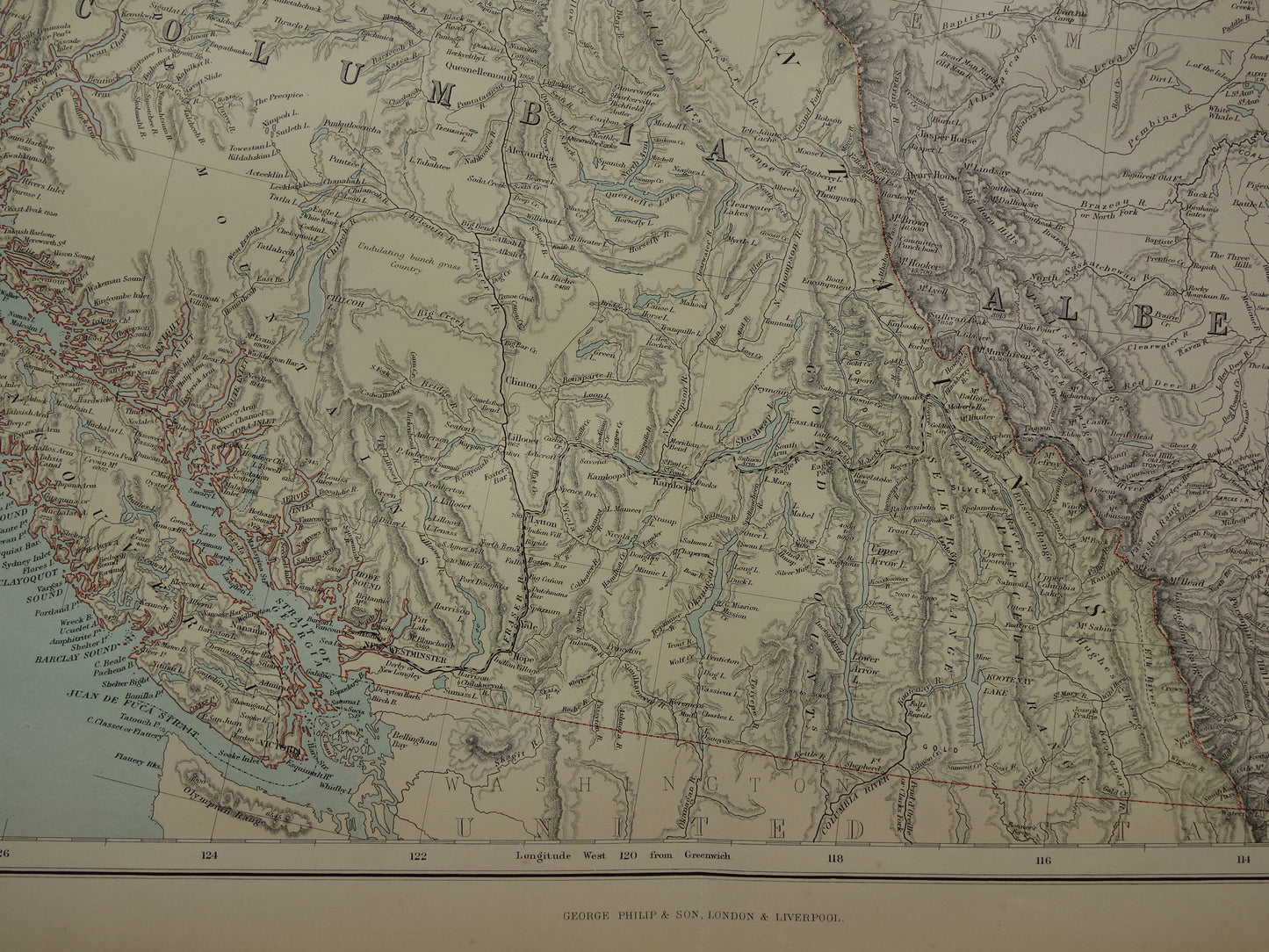 CANADA Grote oude kaart van British Columbia Athabasca Alberta 1890 antieke Engelse landkaart poster