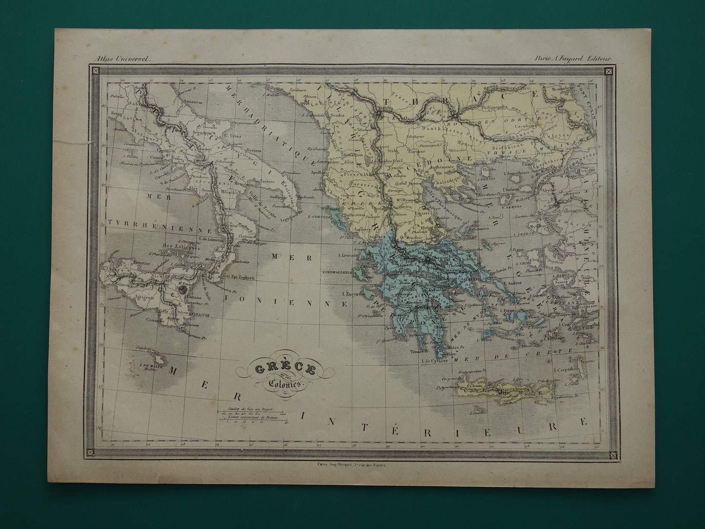 GRIEKENLAND in de oudheid - antieke kaart van Griekenland 140+ jaar oude Franse handgekleurde landkaart Athene Sparta