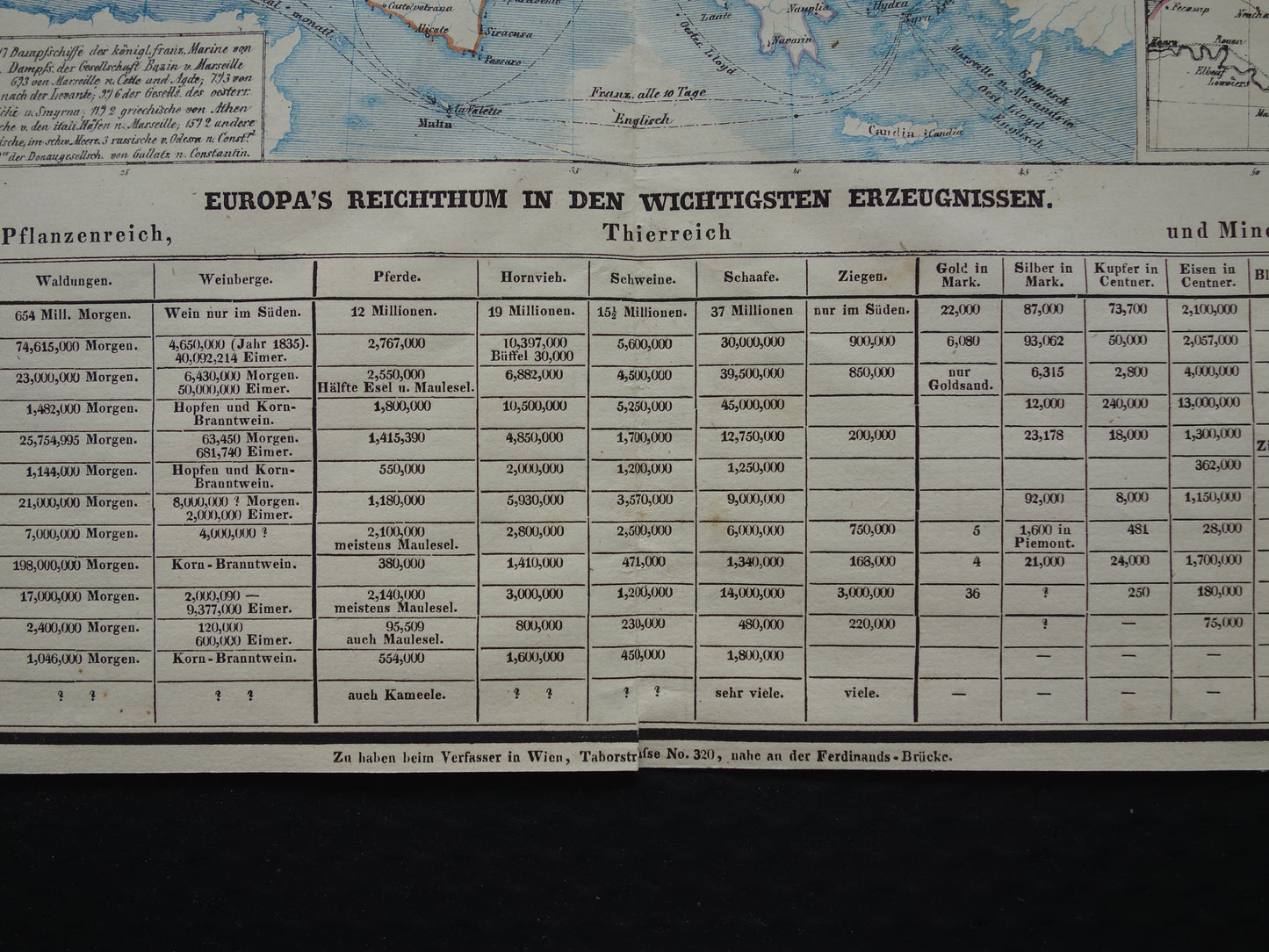 EUROPA grote oude economische kaart van Europa uit 1840 originele antieke landkaart Europees continent economie handel vintage kaarten