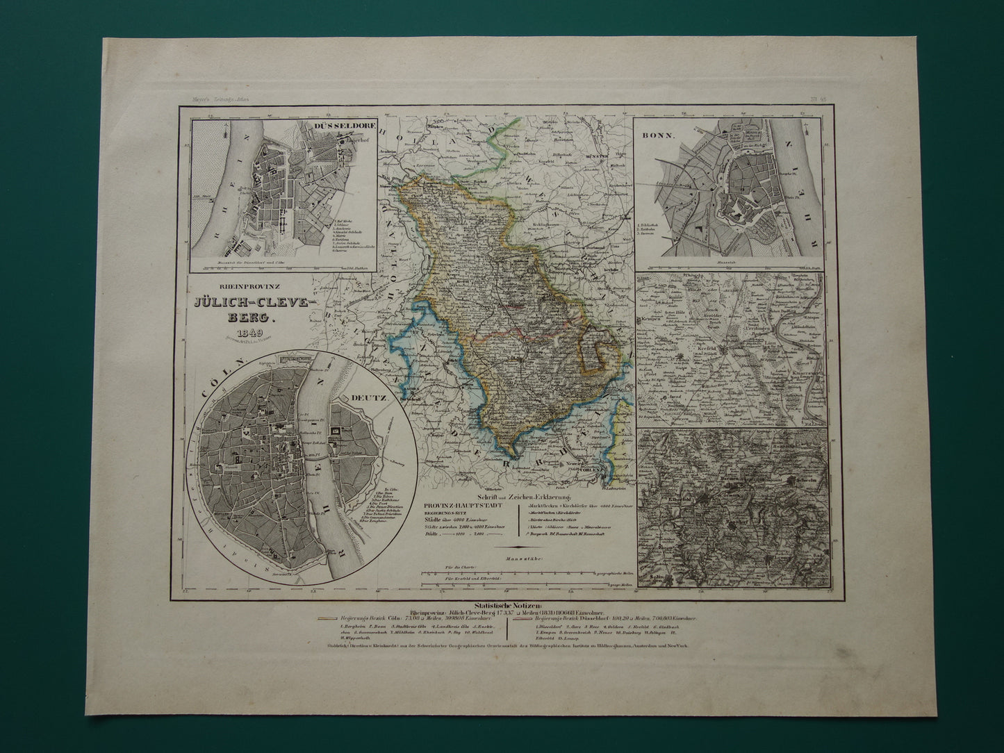 oude kaart van Rijnprovincie Jülich-Kleve-Berg 1849 originele antieke landkaart Duitsland Pruisen Keulen Bonn Düsseldorf