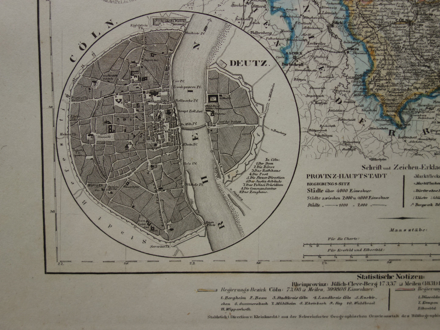 oude kaart van Rijnprovincie Jülich-Kleve-Berg 1849 originele antieke landkaart Duitsland Pruisen Keulen Bonn Düsseldorf
