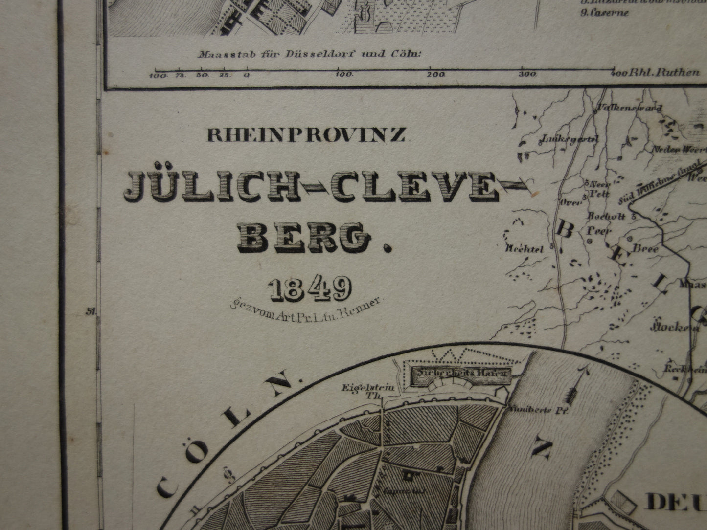 oude kaart van Rijnprovincie Jülich-Kleve-Berg 1849 originele antieke landkaart Duitsland Pruisen Keulen Bonn Düsseldorf