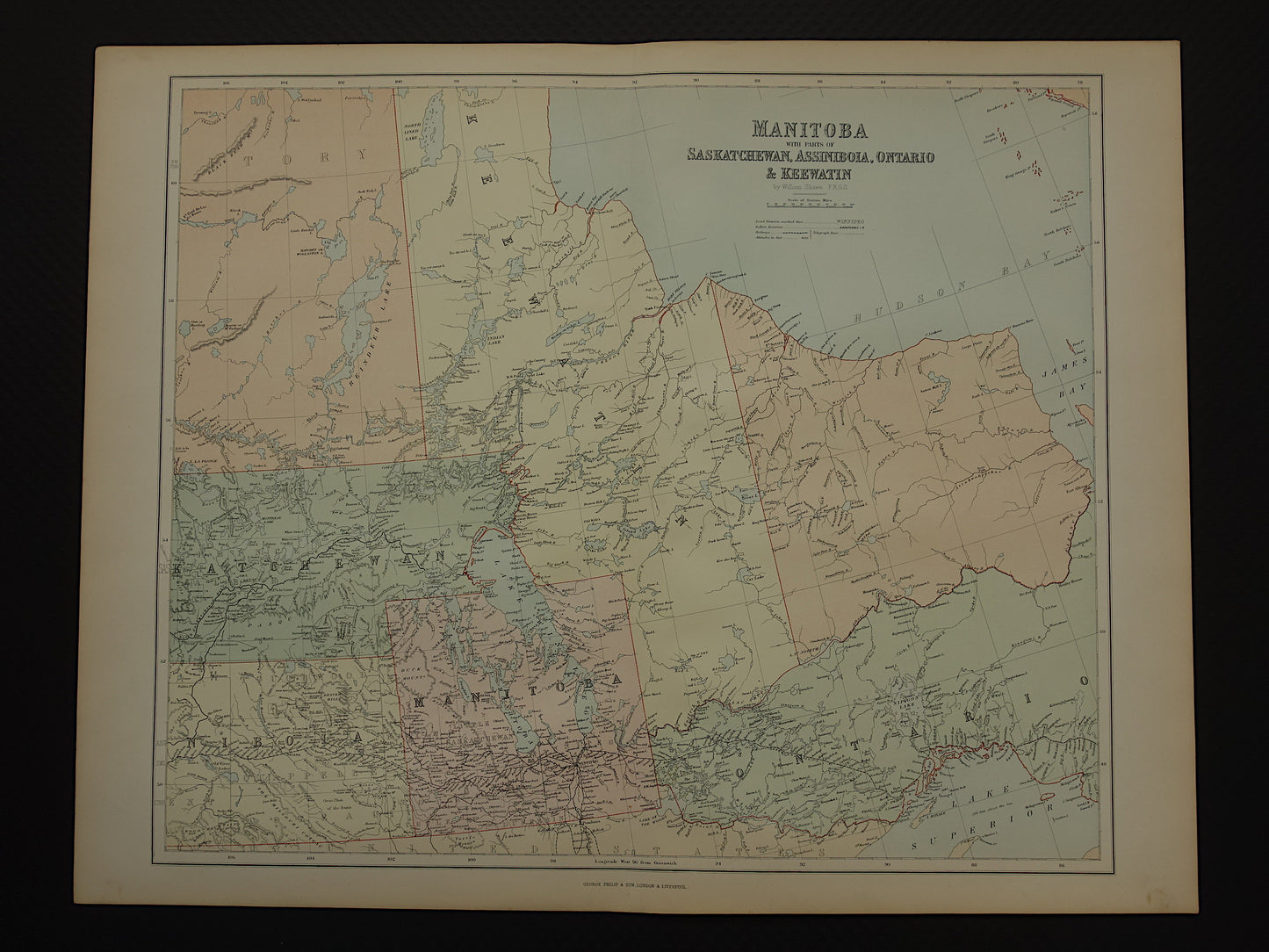 CANADA Grote antieke landkaart van Manitoba Saskatchewan Ontario 1890 oude Engelse kaart poster