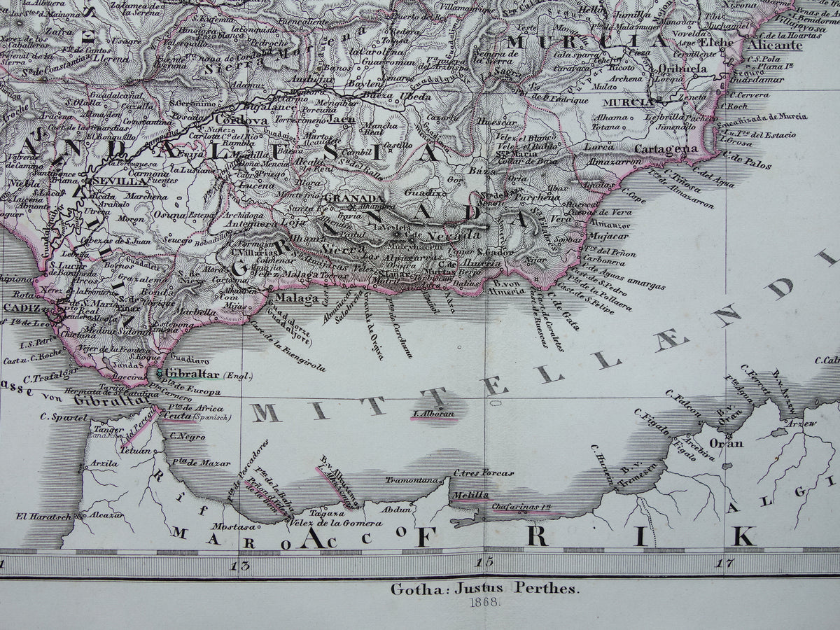 SPANJE Oude kaart van Spanje en Portugal uit 1868 originele antieke landkaart met jaartal