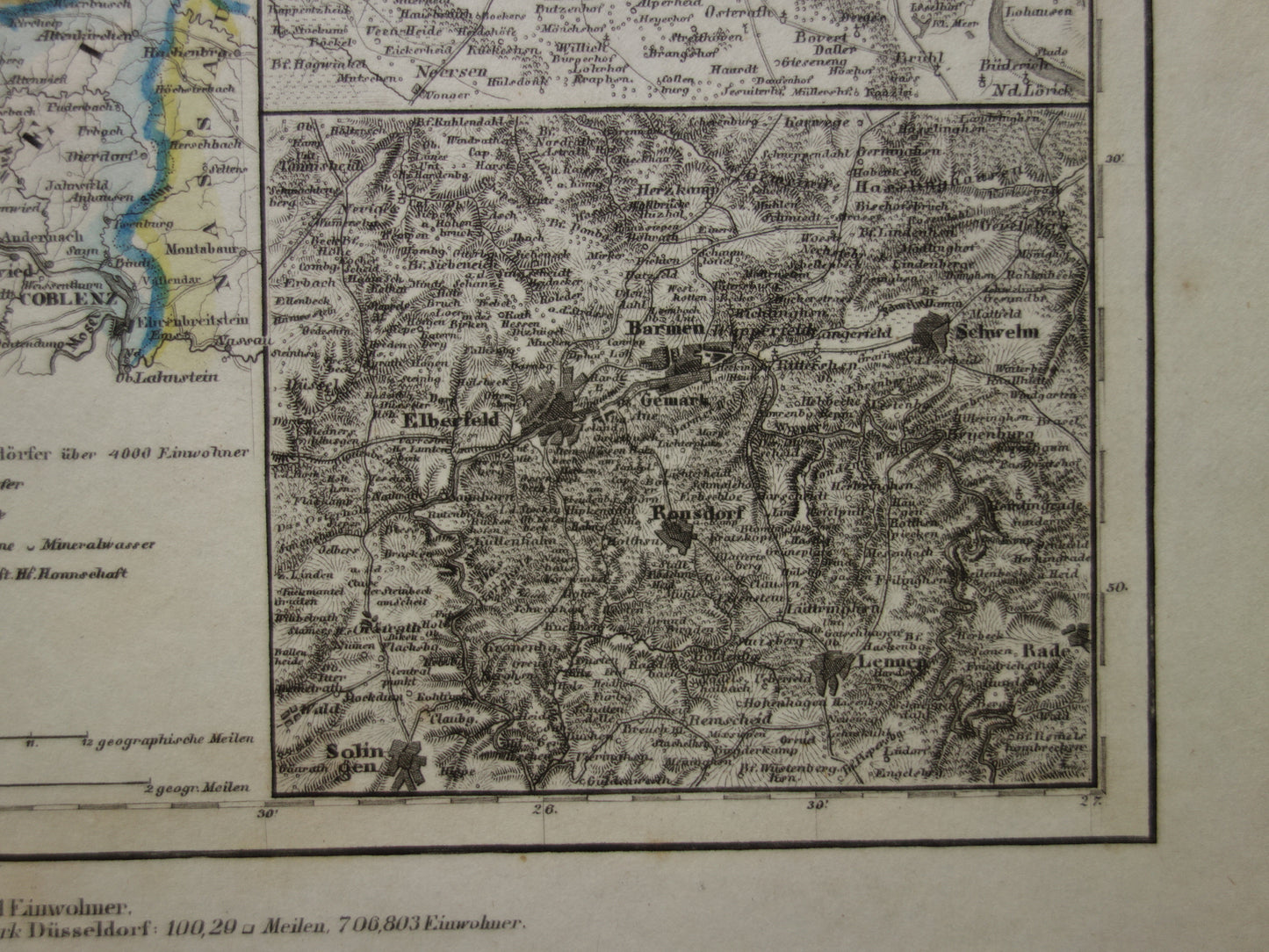 oude kaart van Rijnprovincie Jülich-Kleve-Berg 1849 originele antieke landkaart Duitsland Pruisen Keulen Bonn Düsseldorf