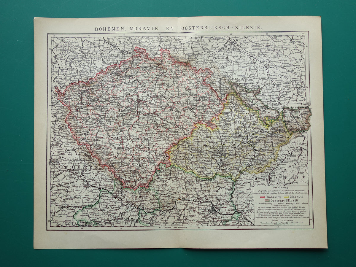 TSJECHIË oude Nederlandse landkaart van Tsjechië originele vintage kaart van Bohemen en Moravië