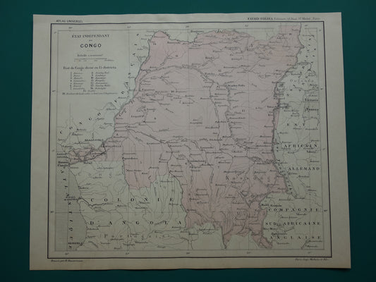 Oude kaart van Congo uit 1896 originele antieke kaart Congo - Afrika vintage historische kaarten