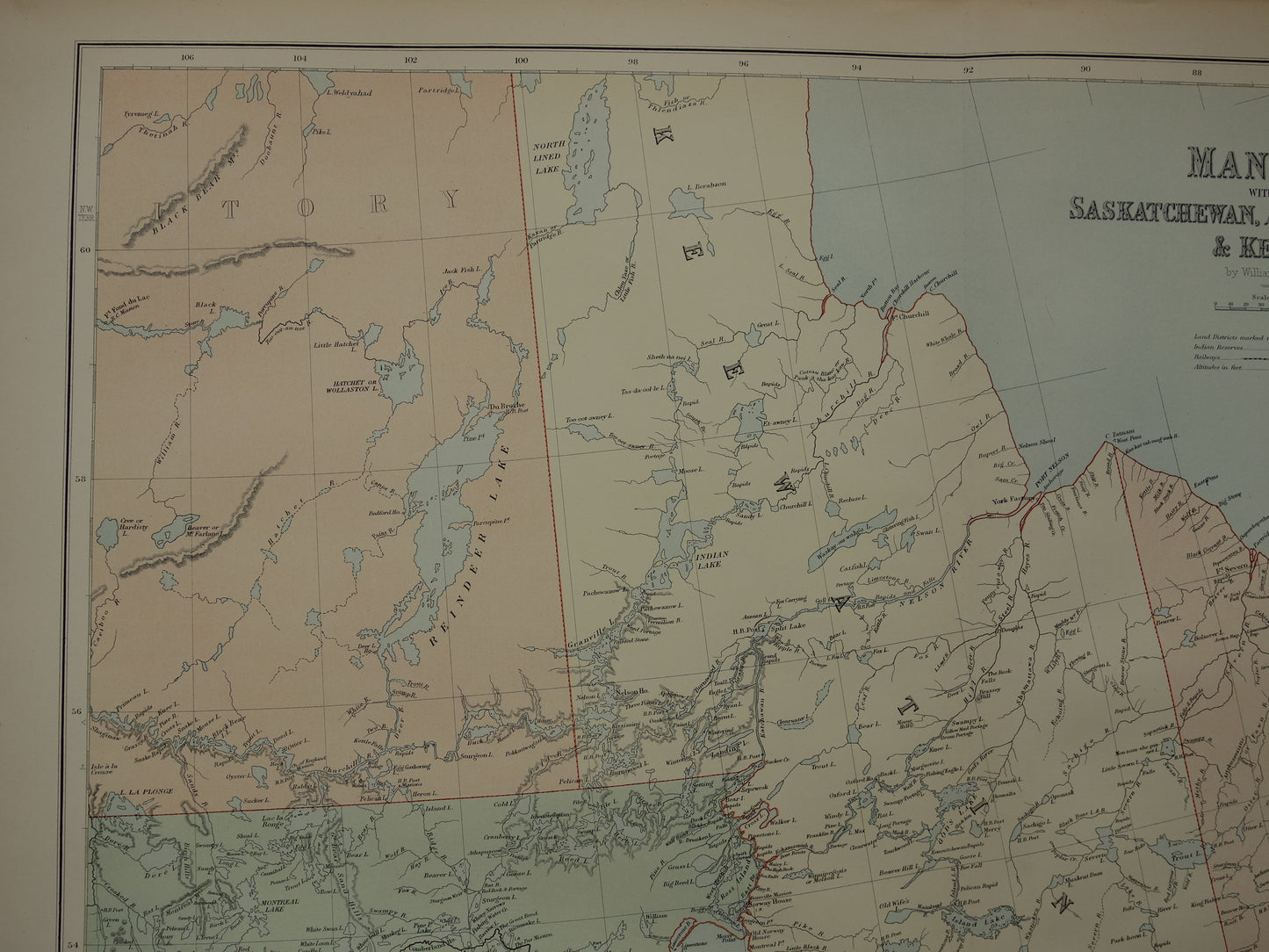 CANADA Grote antieke landkaart van Manitoba Saskatchewan Ontario 1890 oude Engelse kaart poster