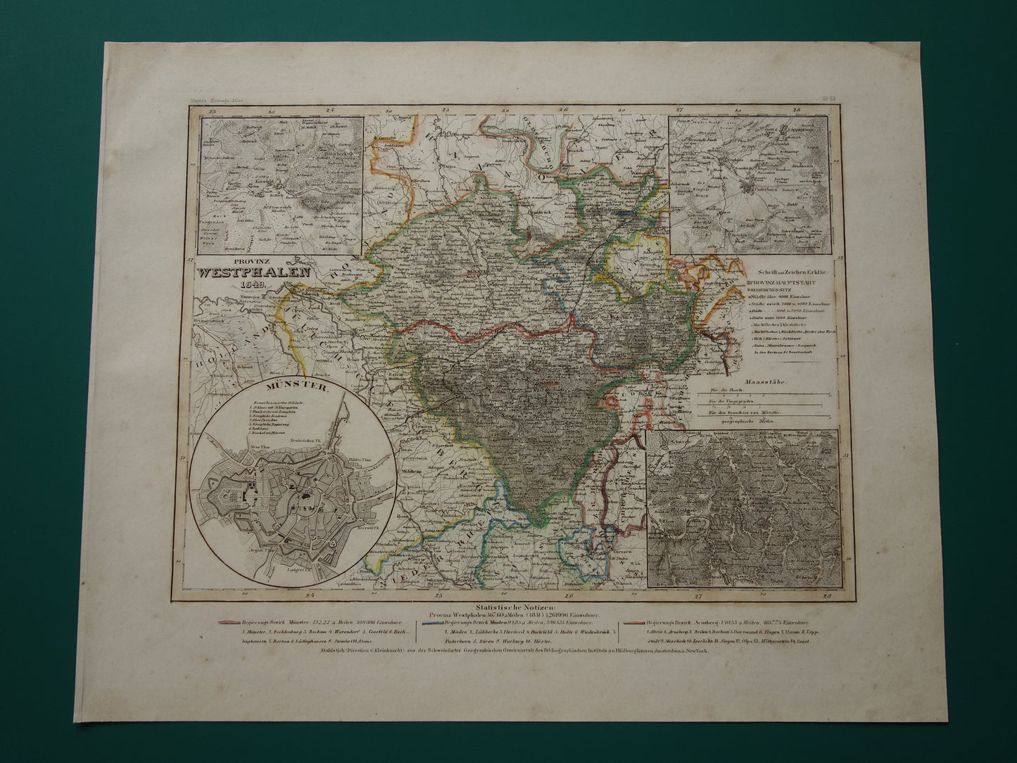 Oude kaart van provincie Westfalen Duitsland 175+ jaar oude handgekleurde landkaart Noordrijn-Westfalen Münster