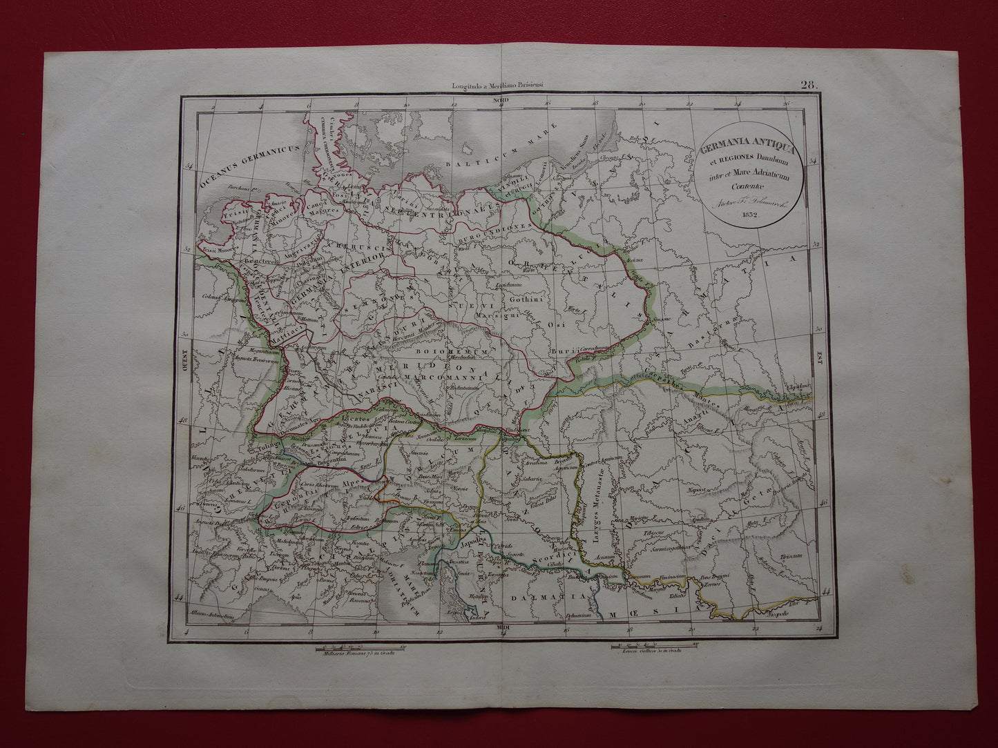 Duitsland oude historische landkaart van Germania in Romeinse Tijd - 1832 originele antieke kaart centraal Europa in oudheid