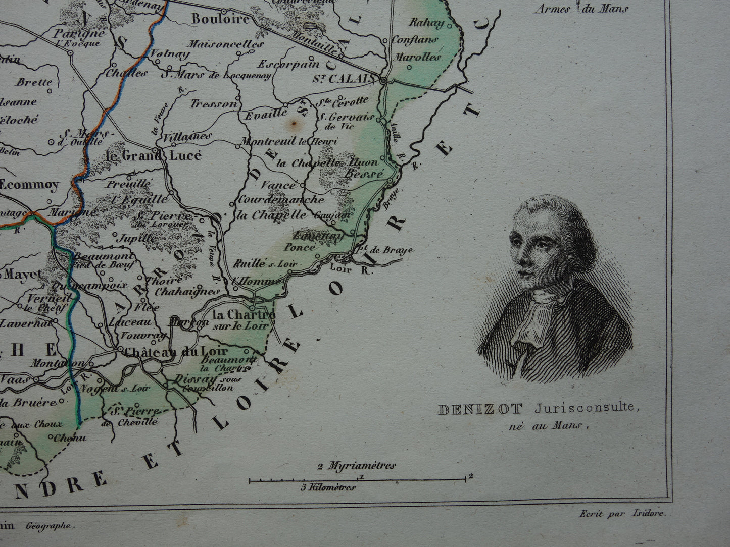 Antieke kaart van Sarthe departement in Frankrijk uit 1851 originele oude handgekleurde landkaart Le Mans