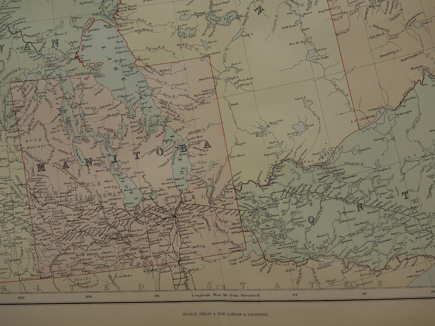 CANADA Grote antieke landkaart van Manitoba Saskatchewan Ontario 1890 oude Engelse kaart poster