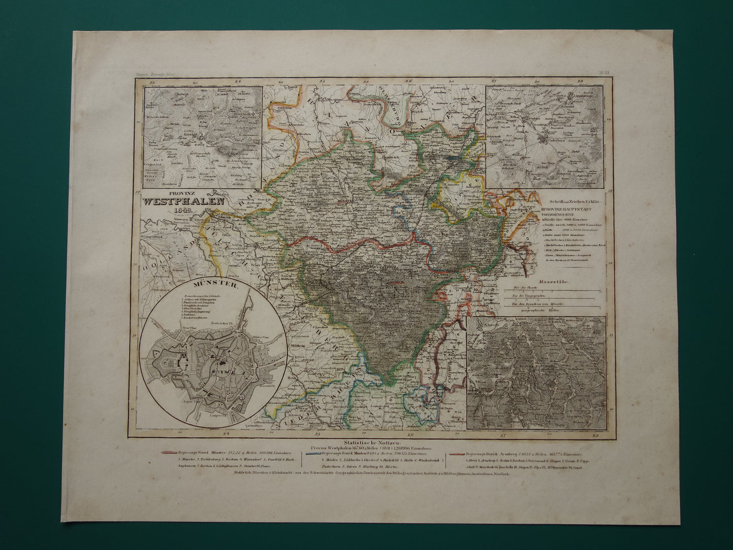 Oude kaart van provincie Westfalen Duitsland 175+ jaar oude handgekleurde landkaart Noordrijn-Westfalen Münster