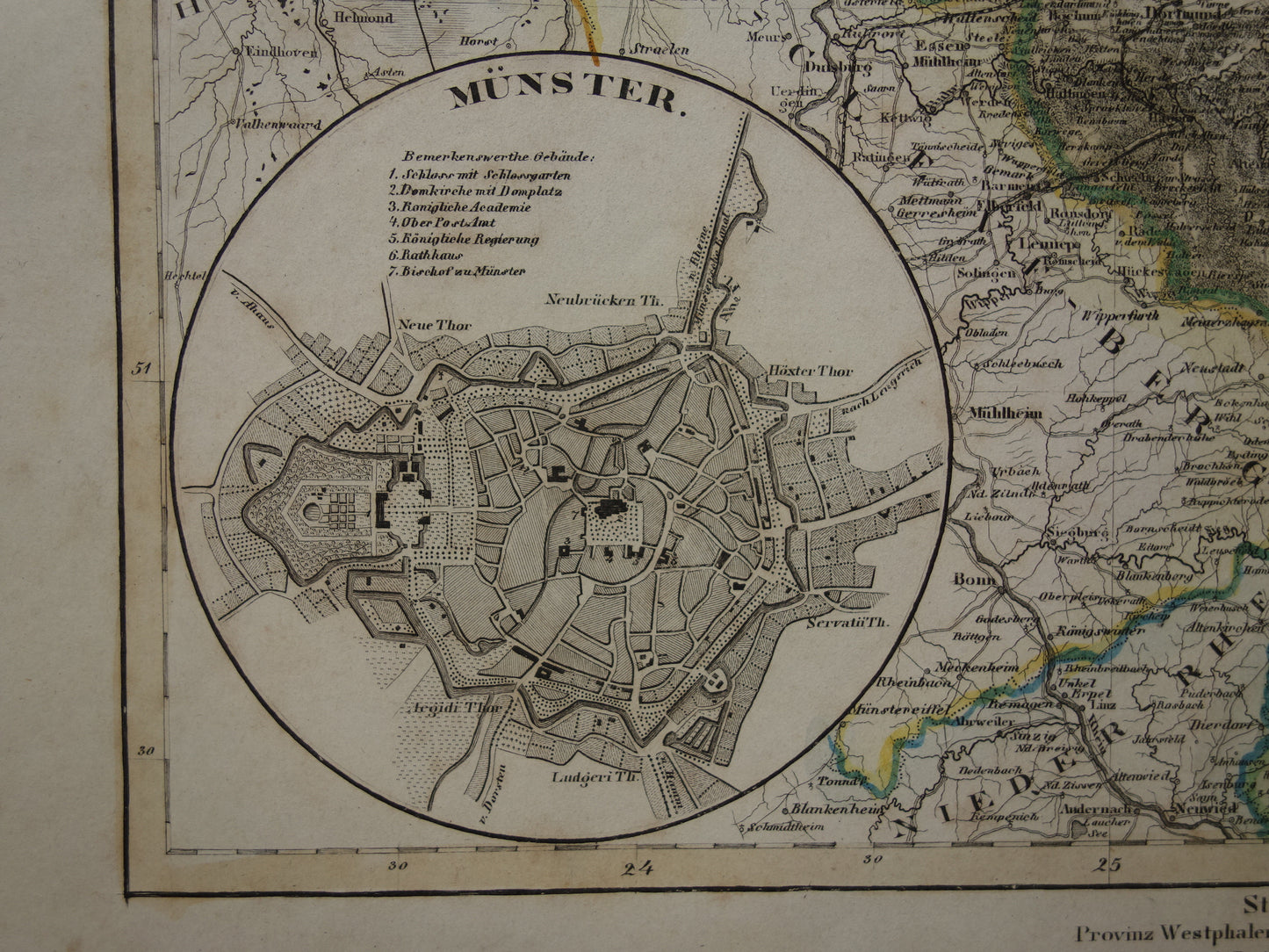 Oude kaart van provincie Westfalen Duitsland 175+ jaar oude handgekleurde landkaart Noordrijn-Westfalen Münster