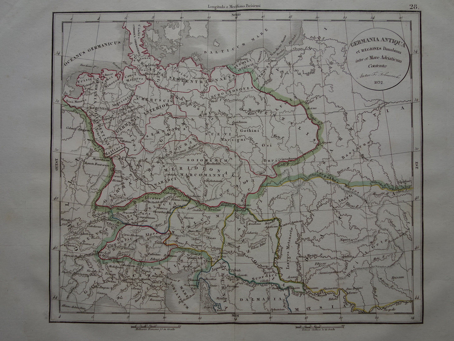 Duitsland oude historische landkaart van Germania in Romeinse Tijd - 1832 originele antieke kaart centraal Europa in oudheid