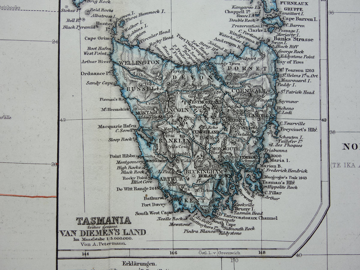 Neuseeland alte Karte von Neuseeland Australien und Tasmanien im Jahr 1868 originale antike deutsche Landkarte Vintage-Landkarten