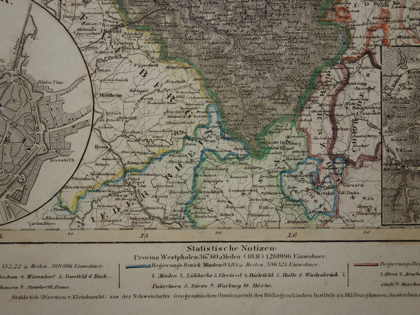 Oude kaart van provincie Westfalen Duitsland 175+ jaar oude handgekleurde landkaart Noordrijn-Westfalen Münster