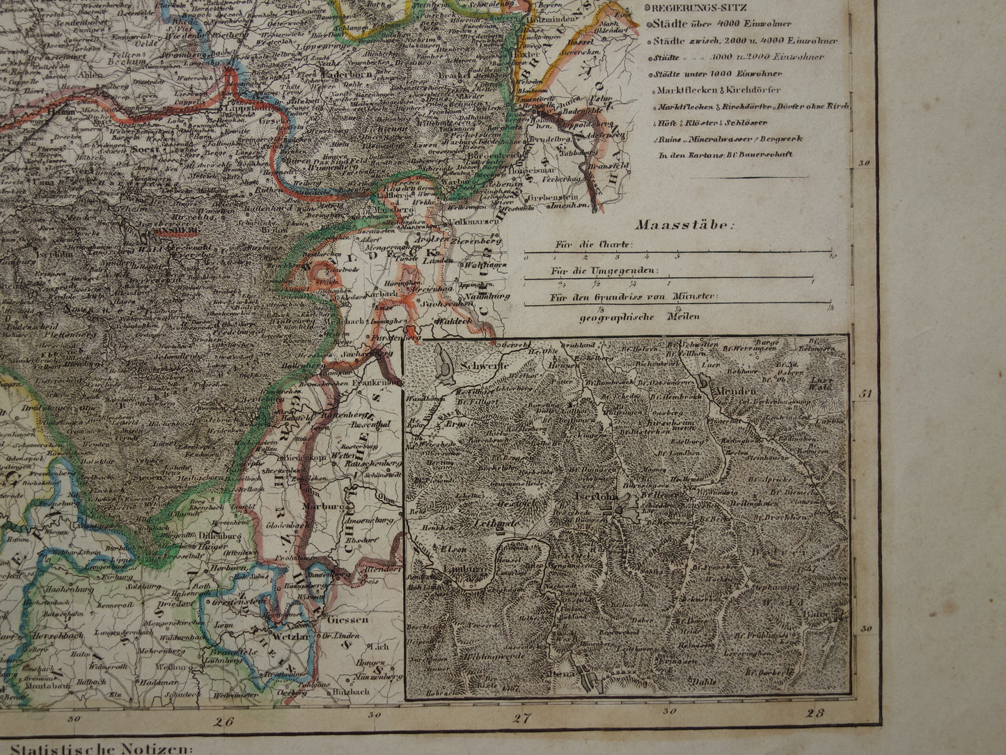 Oude kaart van provincie Westfalen Duitsland 175+ jaar oude handgekleurde landkaart Noordrijn-Westfalen Münster