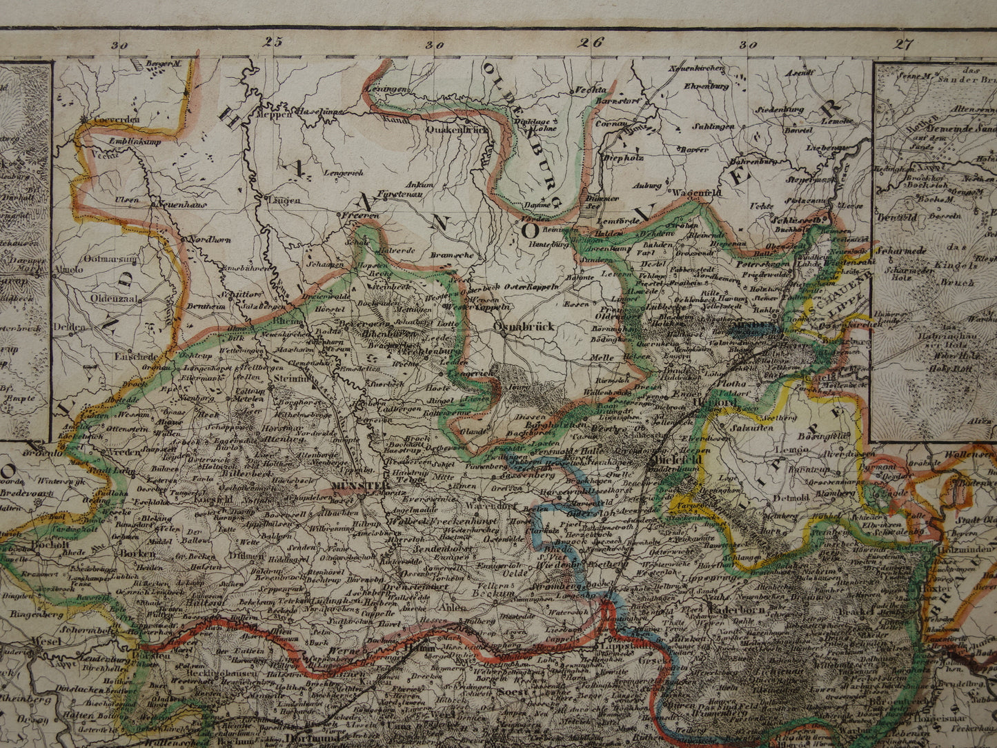 Oude kaart van provincie Westfalen Duitsland 175+ jaar oude handgekleurde landkaart Noordrijn-Westfalen Münster