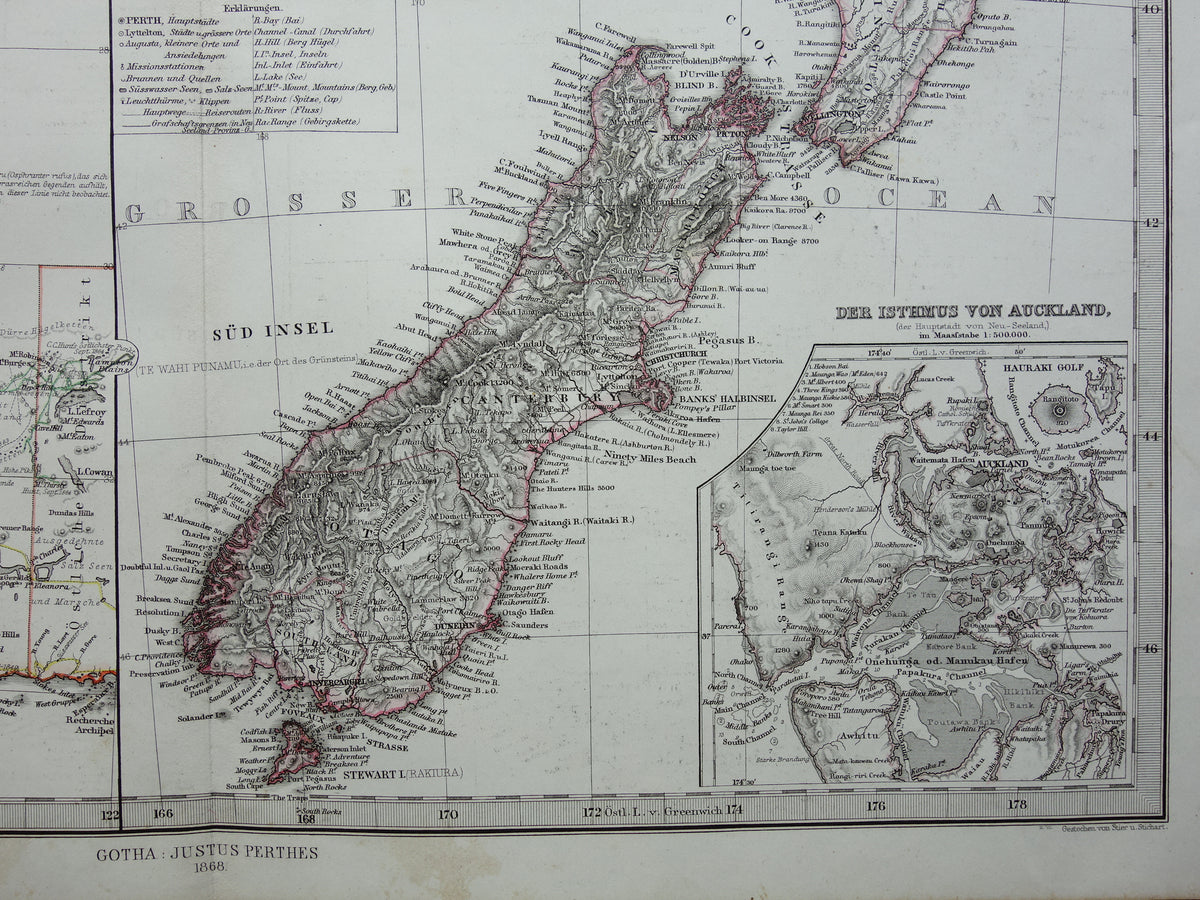 Neuseeland alte Karte von Neuseeland Australien und Tasmanien im Jahr 1868 originale antike deutsche Landkarte Vintage-Landkarten