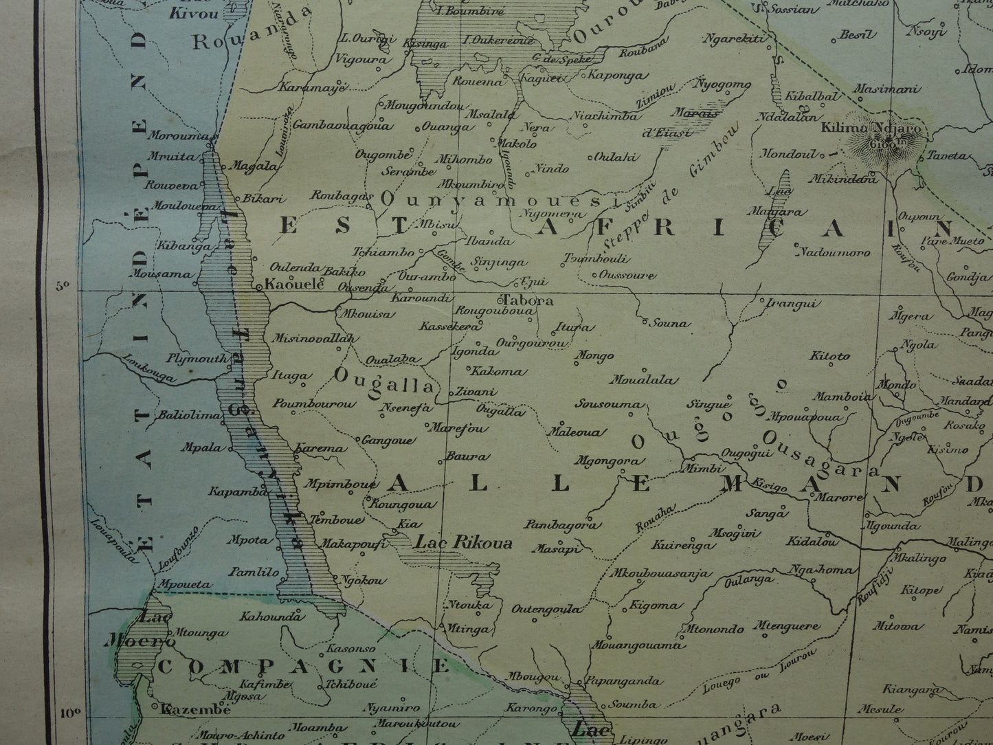 Oude kaart van Duits Oost-Afrika 1896 originele antieke kaart Zanzibar Afrika grote meren regio Victoria lake Nyanza Kilimanjaro vintage kaarten Tanzania