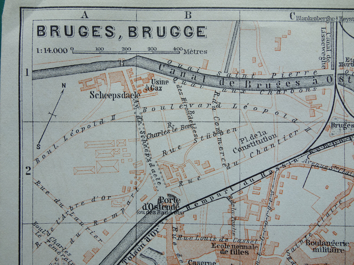 BRÜGGE alte Karte von Brügge, Belgien, aus dem Jahr 1910 kleine originale antike Karte